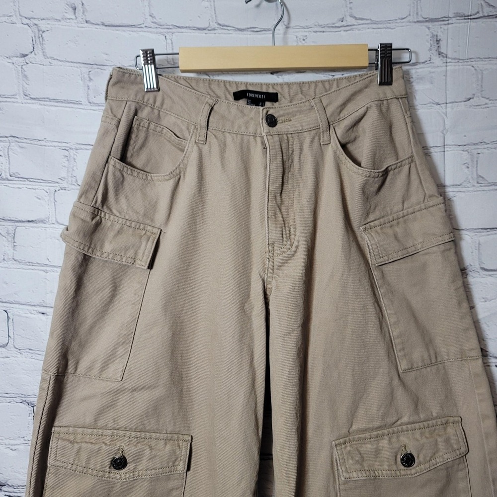 Forever 21 Pants‎ Womens M Beige Cargo Wide Leg Cotton Twill Pockets Y2K Boho - Picture 2 of 7
